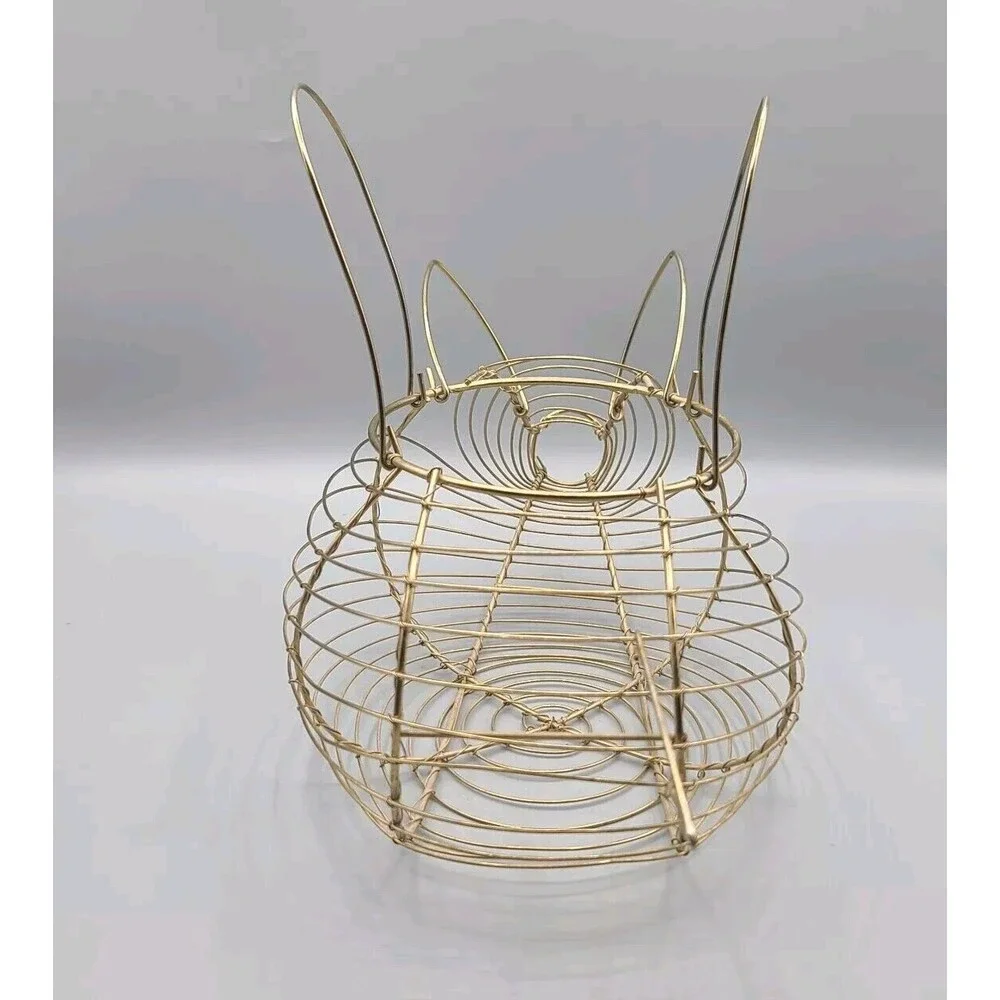 Vintage Pig Shaped Egg Basket Made of Gold Tone Metal Wire Farm House Decor